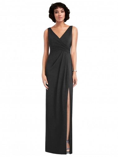 Cheap Draped Wrap Maxi Spandex Bridesmaid Dress with Front Slit UK