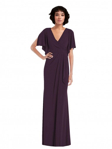 Cheap Faux Wrap Split Sleeves Maxi Spandex Bridesmaid Dress with Cascade Skirt UK