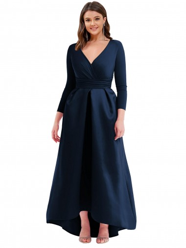 Cheap Long Sleeves Wrapped Spandex Bridesmaid Dress with High Low Full Skirt and Pockets UK