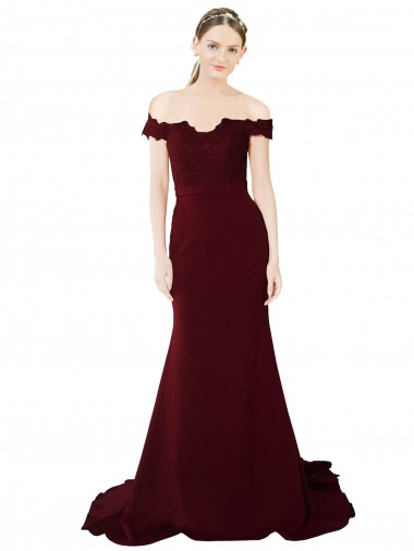 Cheap Full Length Off the Shoulder Crepe Bridesmaid Dress with Lace On Bodice and Back UK