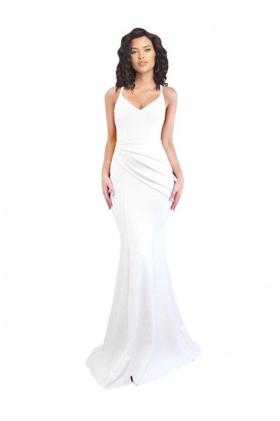 Fishtail Shape Spaghetti Straps Open Back Crepe Bridesmaid Dress with Ruffles
