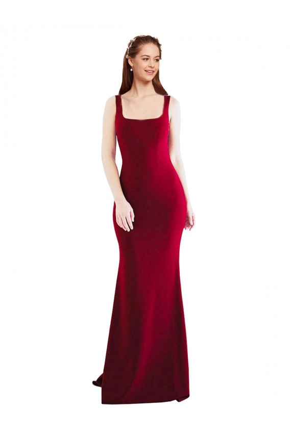 Square Neckline and Backline Fitted Crepe Bridesmaid Dress