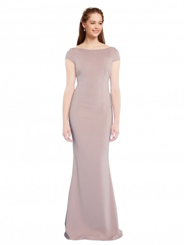 Cheap Boat Neck Cap Sleeve Crepe Bridesmaid Dress with Plunging Tie Back UK
