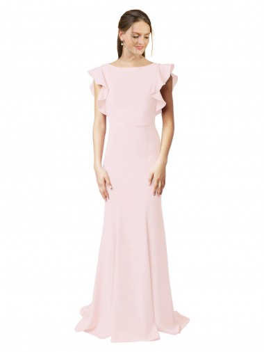 Cheap Low V-Back Long Mermaid Crepe Bridesmaid Dress with Ruffled Sleeves UK