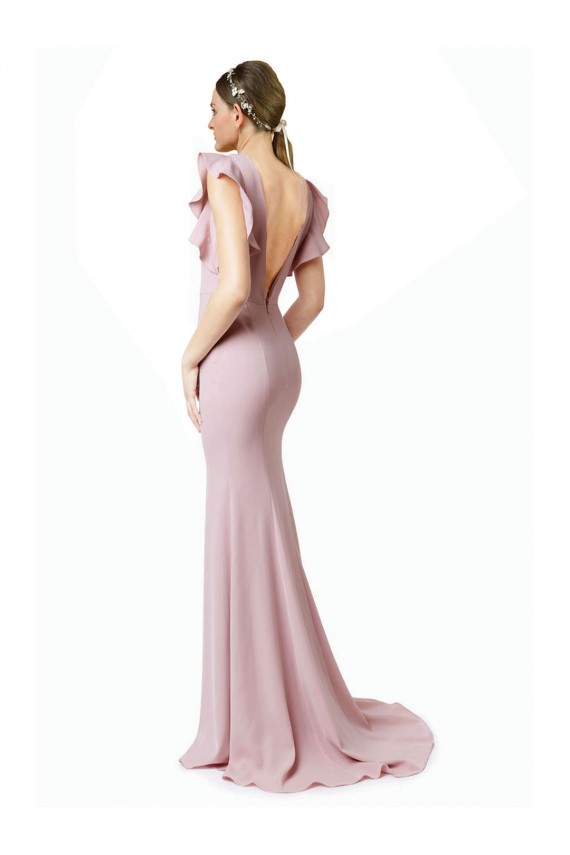 Low V-Back Long Mermaid Crepe Bridesmaid Dress with Ruffled Sleeves