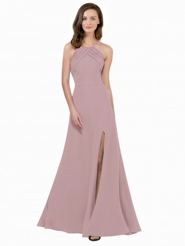 Cheap High Neck Crepe Bridesmaid Dress with Pleats and Keyhole Back UK