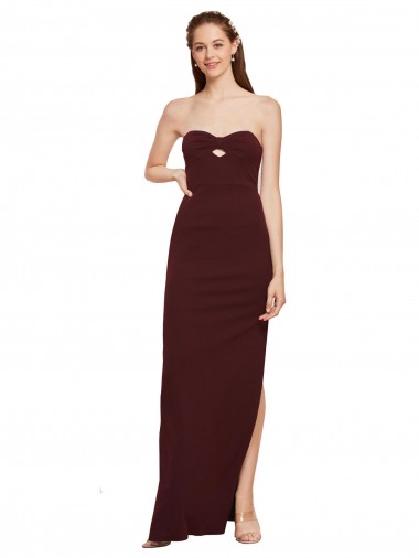 Cheap Twisted Strapless Keyhole Long Crepe Bridesmaid Dress with Slit UK