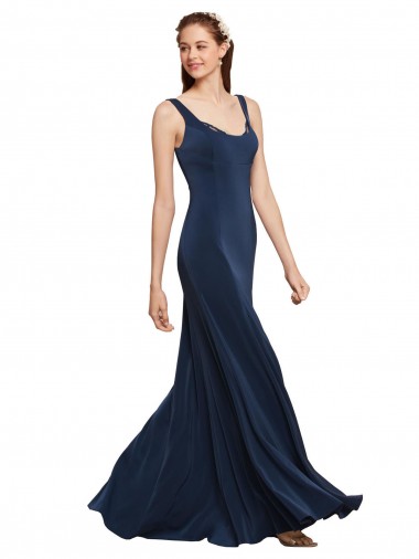 Cheap Fit and Flare Long Crepe Bridesmaid Dress with Round Neck UK