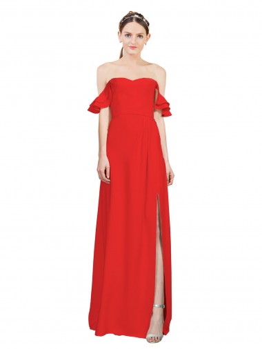Cheap Double Ruffle Flounce Sleeves Crepe Bridesmaid Dress with Slit UK