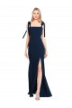 Flat Tie Shoulder Crepe Trumpet Bridesmaid Dress with Front Slit