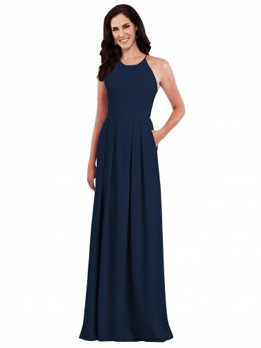 Cheap Criss Cross Back Crepe Halter Bridesmaid Dress with Pockets UK