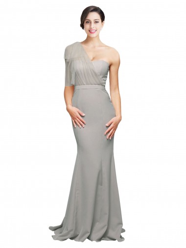 Cheap Long Sweep Train Sweetheart Crepe Bridesmaid Dress with Tulle One Shoulder UK