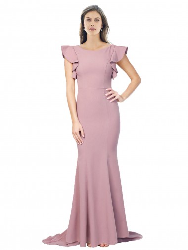 Cheap Flutter Sleeves Low V-Back High Round Neck Crepe Bridesmaid Dress UK
