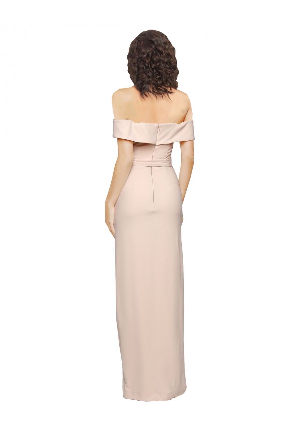 Off the Shoulder Long Crepe Bridesmaid Dress with Waist Tie and Slit