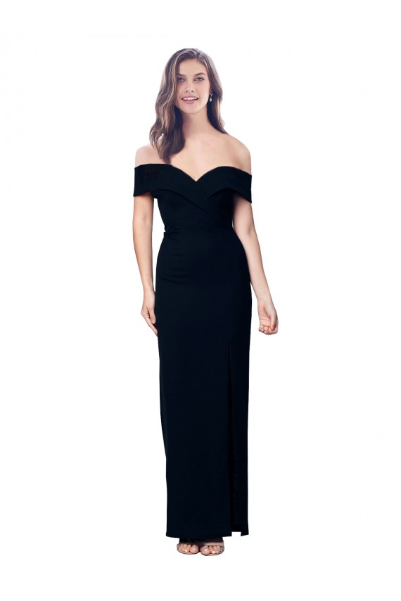 Off the Shoulder Long Full Length Crepe Bridesmaid Dress with Side Split