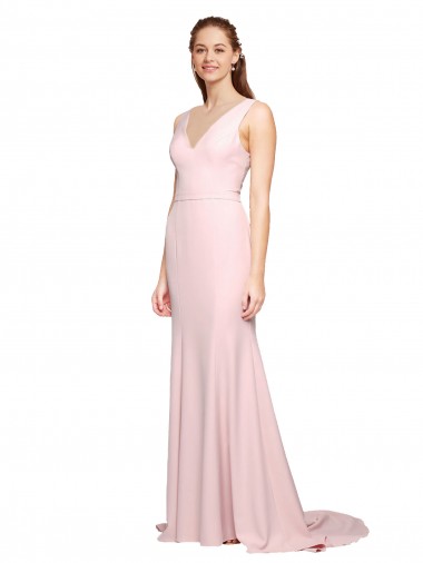 Cheap Deep V-Neckline and Back Long Sweep Train Crepe Bridesmaid Dress with Shoulder Straps UK