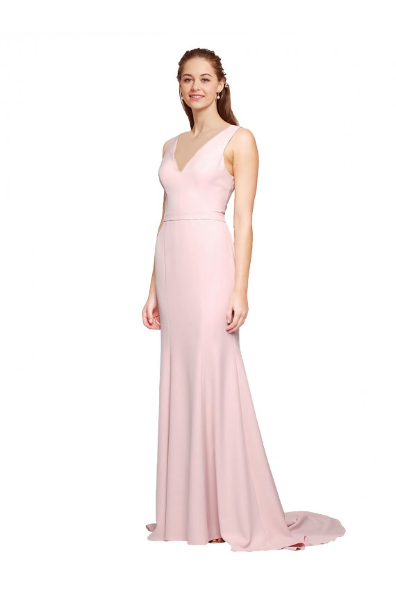 Deep V-Neckline and Back Long Sweep Train Crepe Bridesmaid Dress with Shoulder Straps
