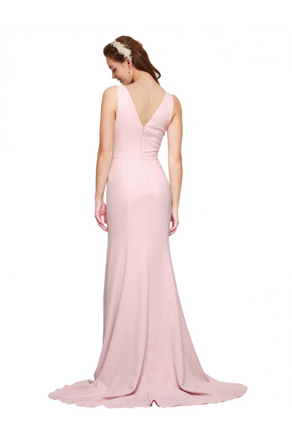 Deep V-Neckline and Back Long Sweep Train Crepe Bridesmaid Dress with Shoulder Straps