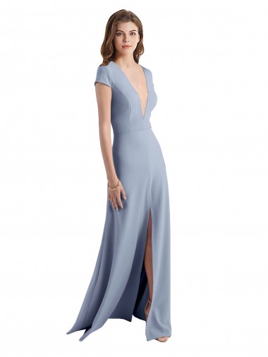 Cheap Plunging V-Neck Cap Sleeves Stretch Crepe Bridesmaid Dress with Front Slit UK