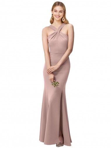 Cheap Long Floor Length High Neck Fit and Flare Stretch Crepe Bridesmaid Dress with Side Slit UK