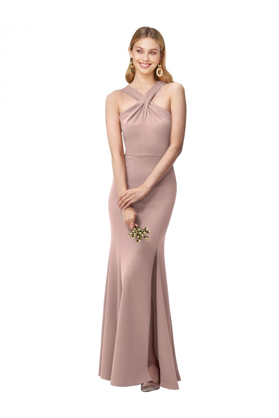 Long Floor Length High Neck Fit and Flare Stretch Crepe Bridesmaid Dress with Side Slit