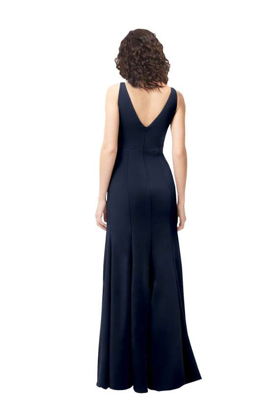 Classic V-Neck Long Stretch Crepe Bridesmaid Dress with V-Back