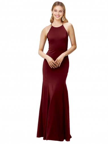 Cheap Fit and Flare Halter Neckline Stretch Crepe Bridesmaid Dress with Strappy Back UK