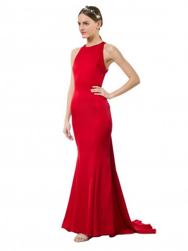 Cheap High Neck Mermaid Open Back Crepe Maxi Bridesmaid Dress with Train Detail UK