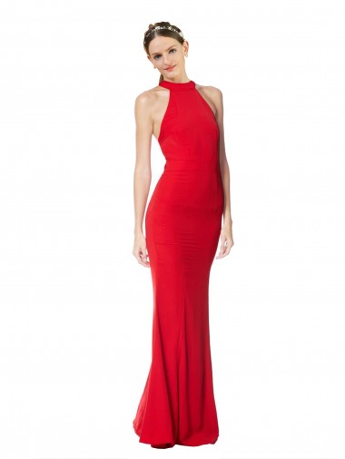 Cheap Halter Neck Keyhole Back Sleeveless Crepe Maxi Bridesmaid Dress UK