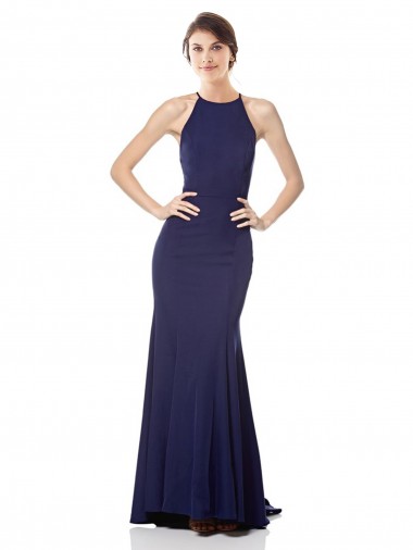 Cheap High Neck Fishtail Crepe Bridesmaid Dress with Open Back Detail UK