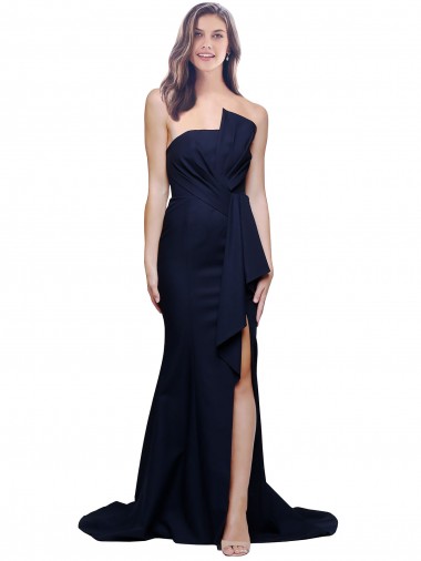 Cheap Long Strapless Sweep Train Low Back Crepe Bridesmaid Dress UK