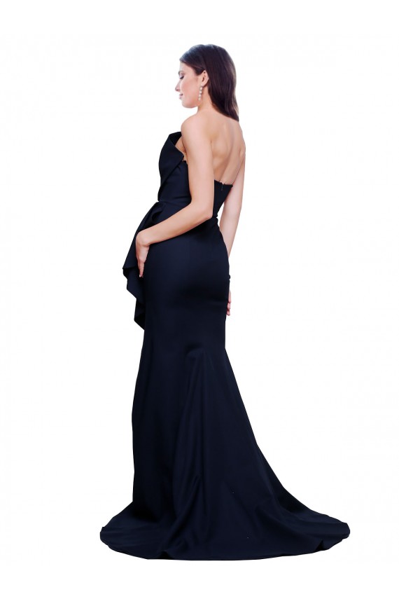 Long Strapless Sweep Train Low Back Crepe Bridesmaid Dress