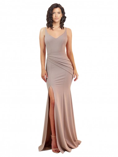 Cheap Fishtail Shape V-Neck Crepe Bridesmaid Dress with Slit UK