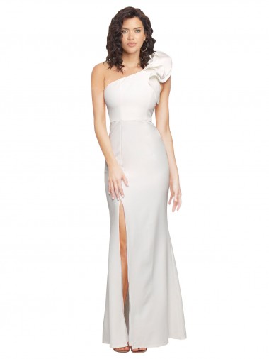 Cheap One Shoulder Long Full Length Crepe Bridesmaid Dress with Ruffles and Side Split UK