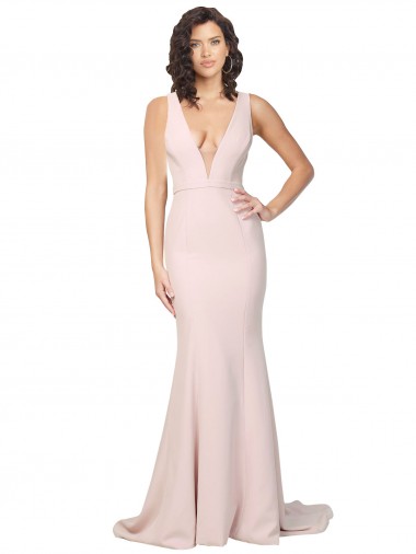 Cheap Deep Plunging V-Neckline Full Length Crepe Bridesmaid Dress with Deep V-Backline UK