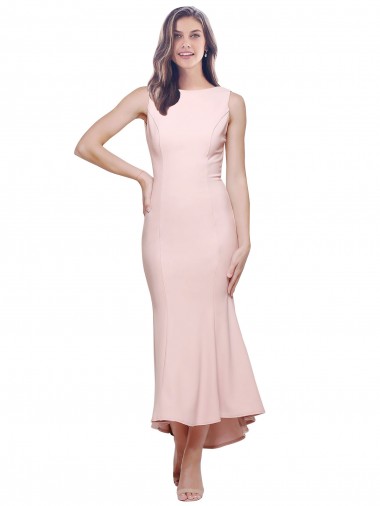 Cheap High Neck Low V-Back Midi Length Crepe Bridesmaid Dress UK