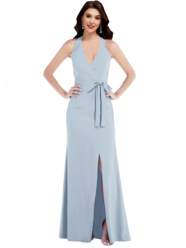 Cheap Open Back Halter Maxi Bridesmaid Dress with Draped Bow UK