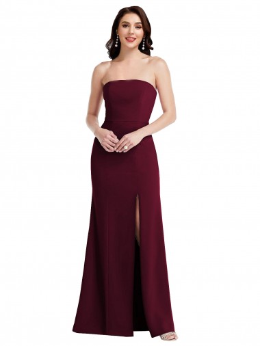 Cheap Strapless Crepe Maxi Bridesmaid Dress with Front Slit UK