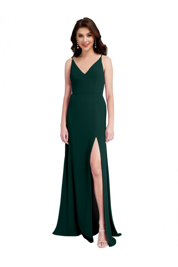 Slim A-Line V-Neck Full Length Crepe Bridesmaid Dress with Side Slit