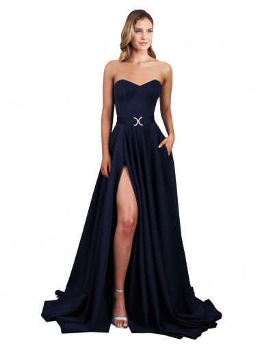 Cheap Sweetheart Neckline Low Back Long Crepe Bridesmaid Dress with High Leg Spit UK