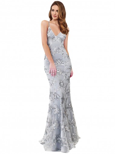 Cheap Silver V-Neckline Backless Floral Patterned Sequin Bridesmaid Dress UK