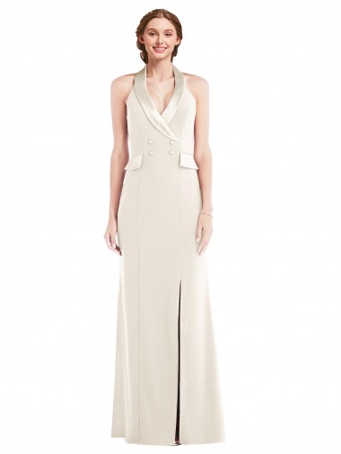 Cheap Halter Tuxedo Maxi Bridesmaid Dress with Front Slit UK