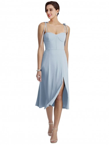 Cheap Midi Length Bustier Crepe Bridesmaid Dress with Back Bow Straps UK