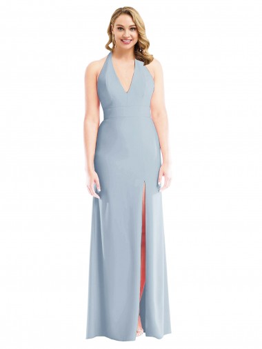 Cheap Plunge Neck Halter Backless Trumpet Bridesmaid Dress with Front Slit UK