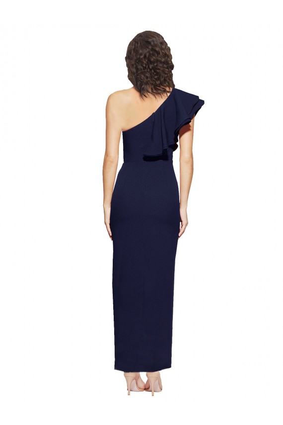 Ruched Floor Length Long Crepe Bridesmaid Dress with Shoulder Ruffles