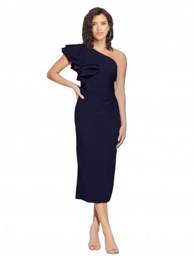 Cheap Ruched Midi Length Short Crepe Bridesmaid Dress with Shoulder Ruffles UK