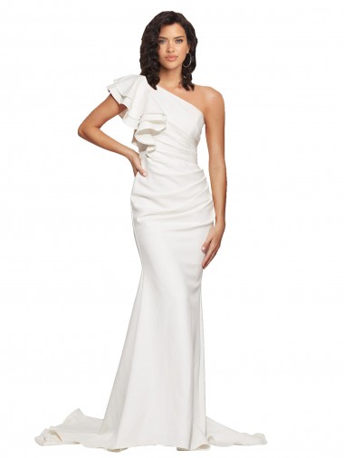 Cheap Ruched Long Sweep Train Crepe Bridesmaid Dress with Shoulder Ruffles UK