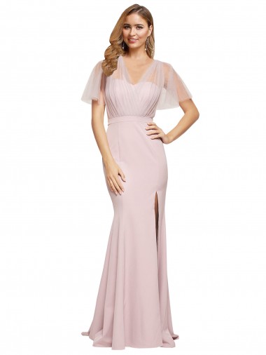Cheap Crepe Long Sweetheart Neckline Bridesmaid Dress with Tulle Overlay Shoulders UK