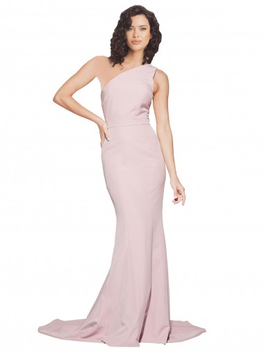 Cheap Long Sweep Train One Shoulder Crepe Bridesmaid Dress with Side Leg Split UK