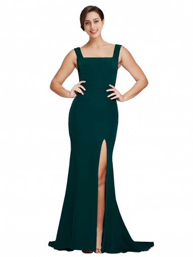 Cheap Fitted Square Neck Long Crepe Bridesmaid Dress with Train and Side Split UK